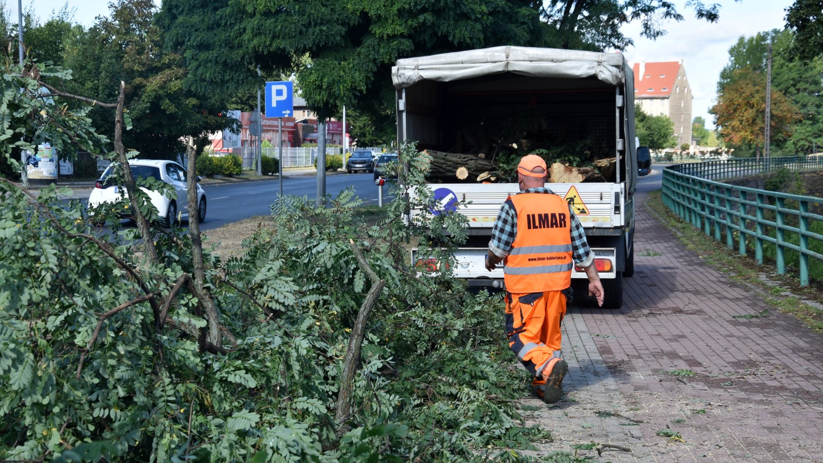 Połamane drzewo leżące na chodniku, mężczyzna w pomarańczowej kamizelce i samochód z konarami drzew na pace