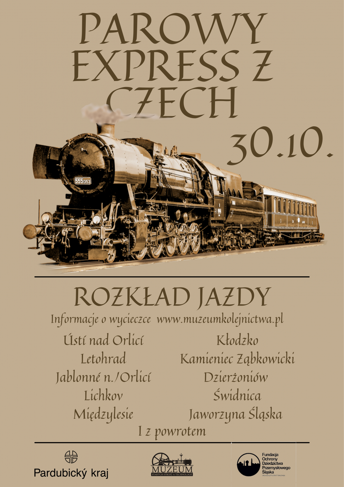 Plakt ze zdjęciem lokomotywy i informacjami zawartymi w tekście 