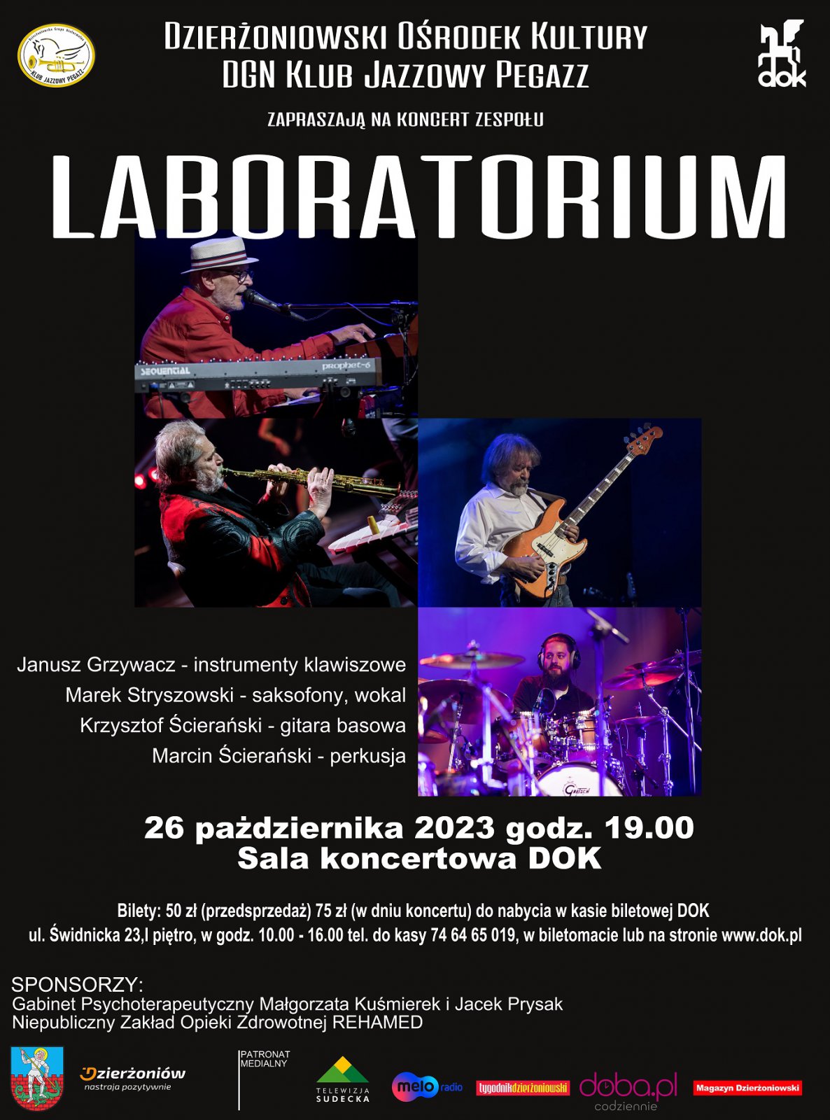 Plakat z czarnym tłem kolażem zdjęć zespołu podczas koncertów i informacje podane w tekście