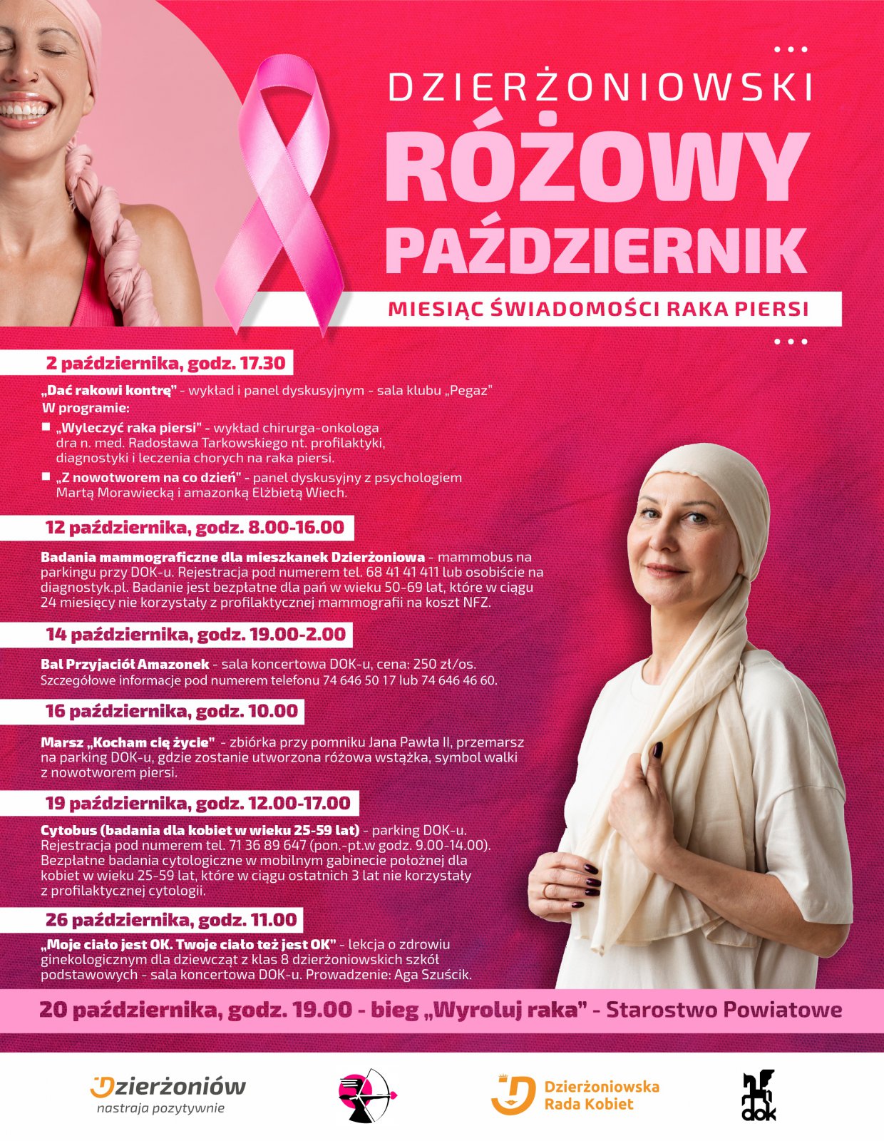 Plakat ze zdjeciem uśmiechniętej kobiety w różowej chuście i informacje podane w tekście