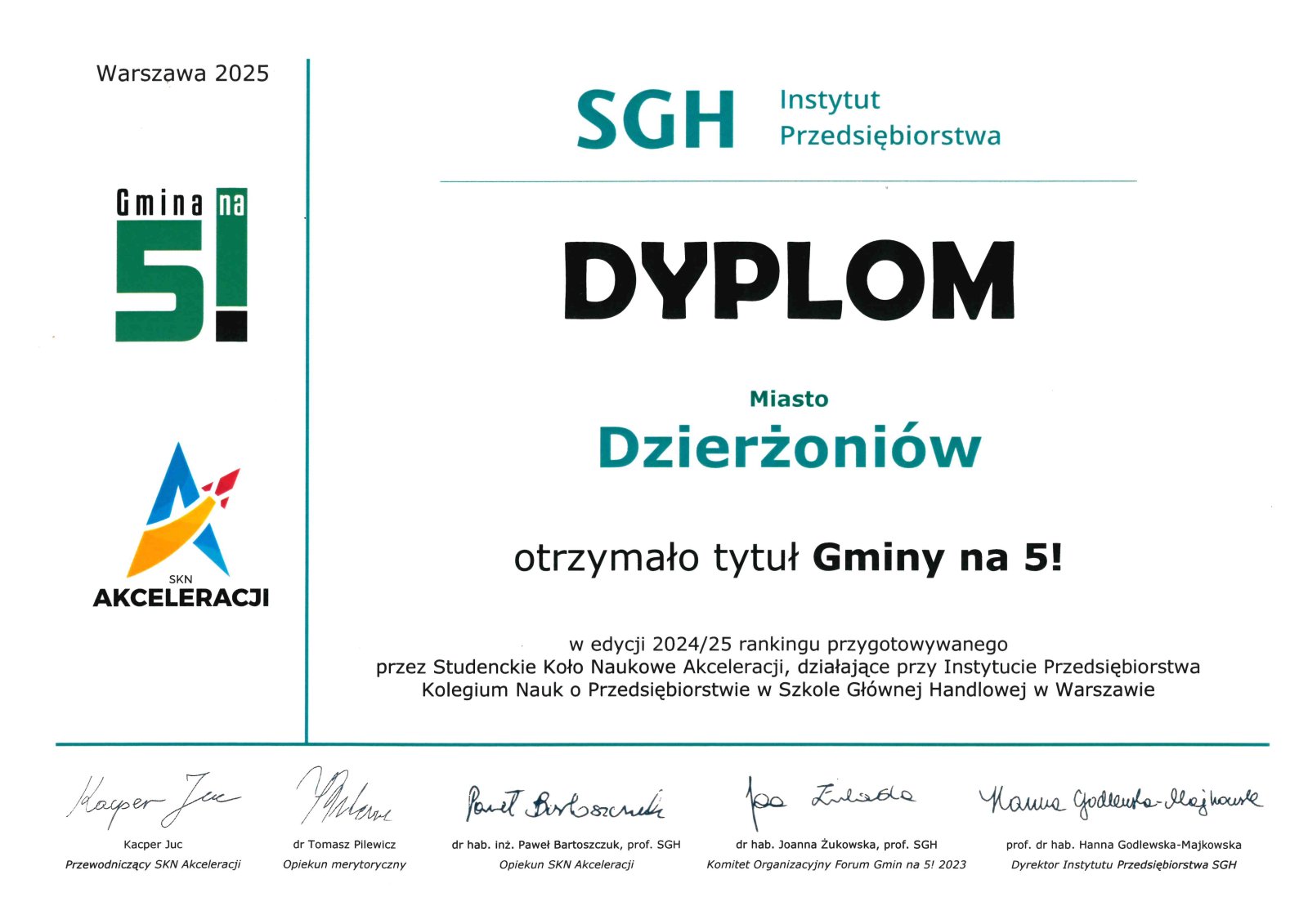 Dyplom dla Dzierżoniowa za tytuł Gminy na 5