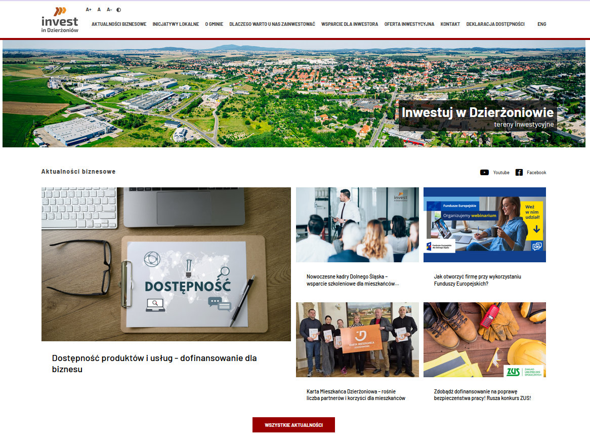 Widok strony ze zdjeciem miasta z góry i napisem Inwestuj w Dzierżoniowie