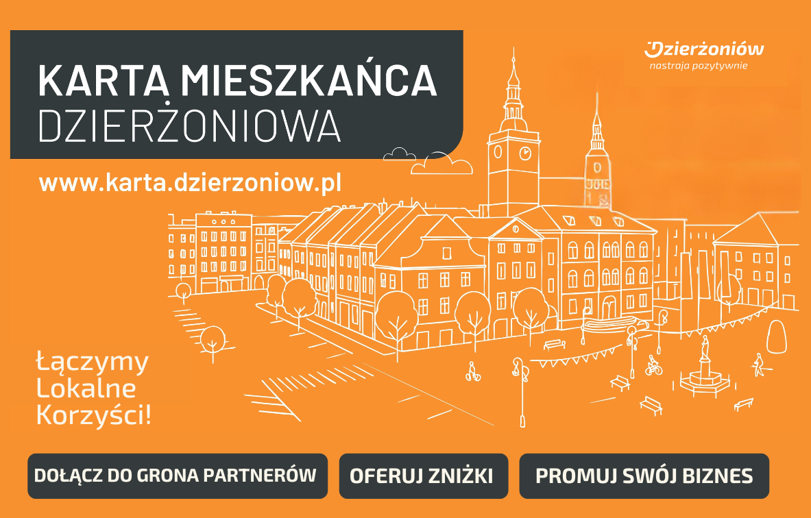 Grafika, pomarańczowe tło, napis Karta Mieszkańća Dzierżoniowa i narysowany białymi liniami rynek z budynkiem ratusza
