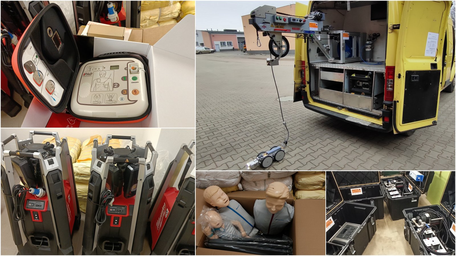 Kolaż pięciu zdjęć, m.in. samochodu manekinów, defibrylatorów