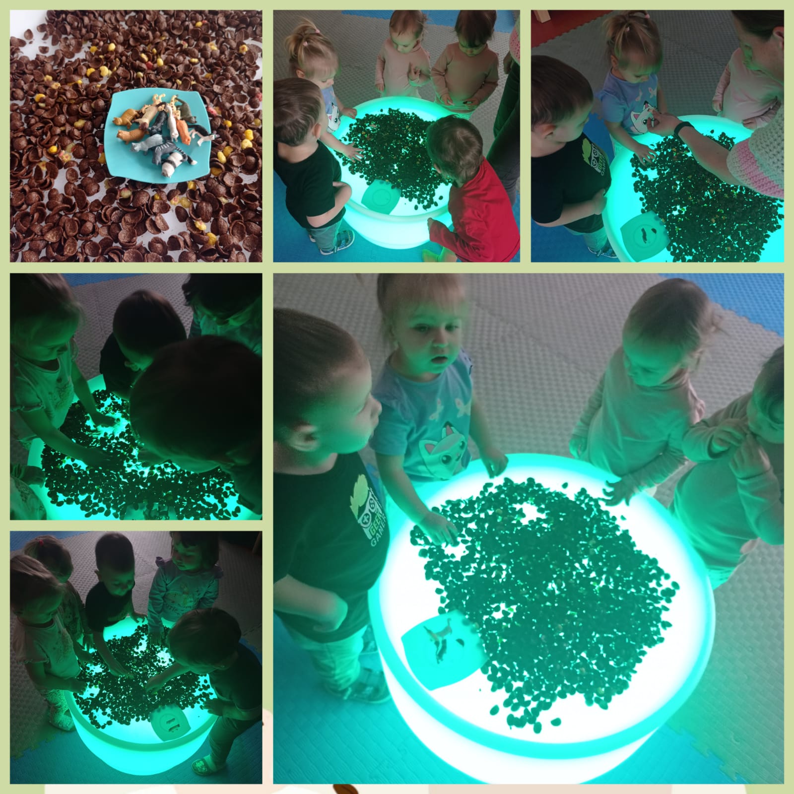 Dzieci stoją przy okrągłym podświetlonym na zielono stoliku, na nim łupiny orzechów