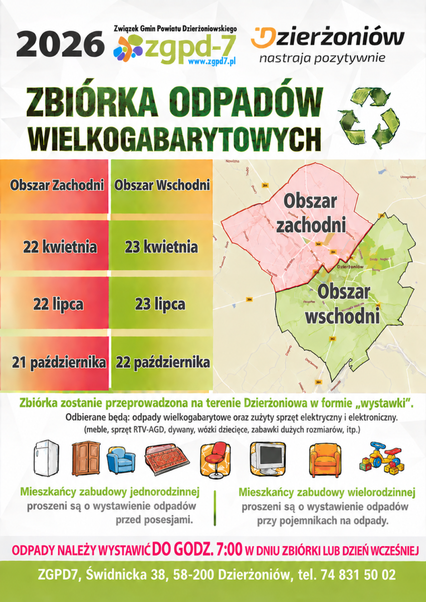 Plakat zbiórki z mapą Dzierżoniowa, jedna część maista zazanaczona na czerwono, druga na zielono