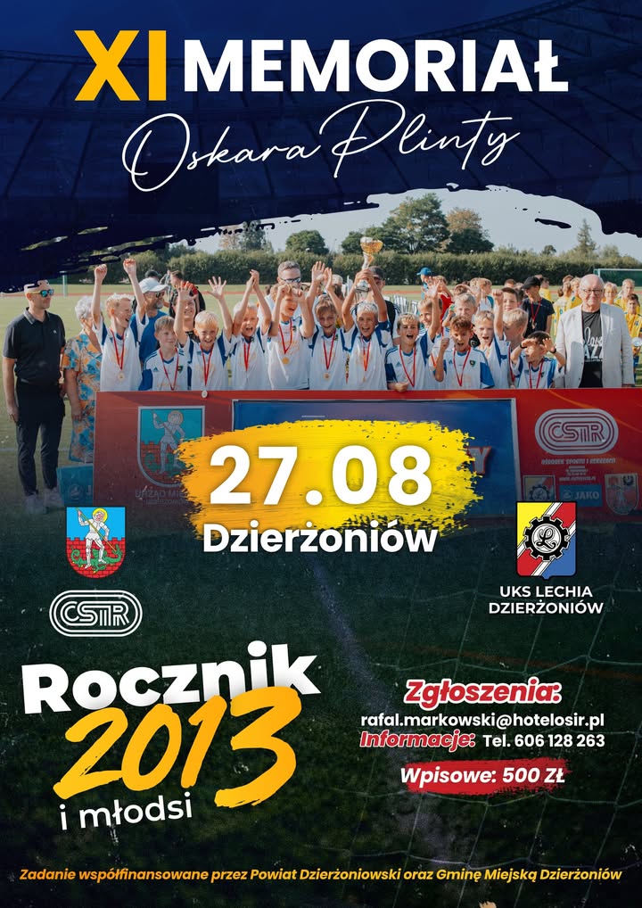 Plakat memoriału z informacjami podanymi w tekście i zdjęciem młodych piłkarzy