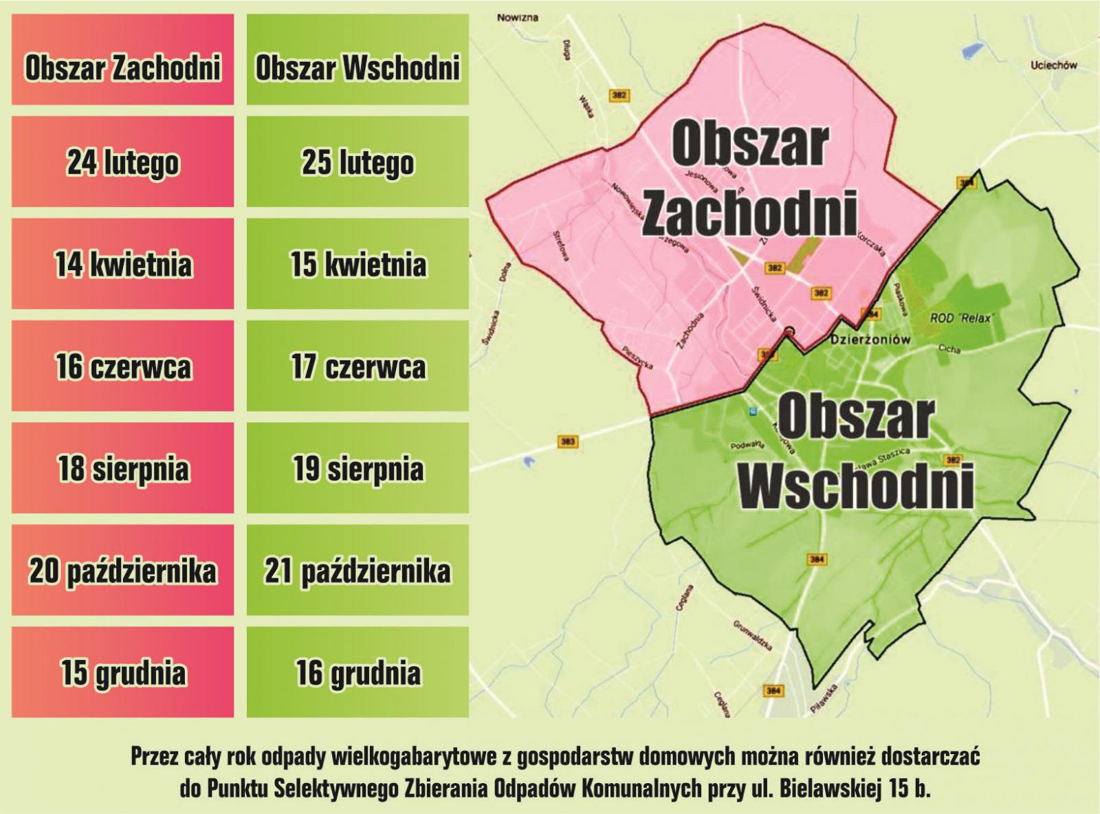 Grafika z mapą Dzierżoniowa oraz terminy zbiórek