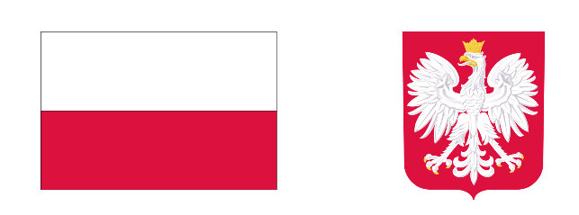 Po lewej falga Polski, po prawej godło 