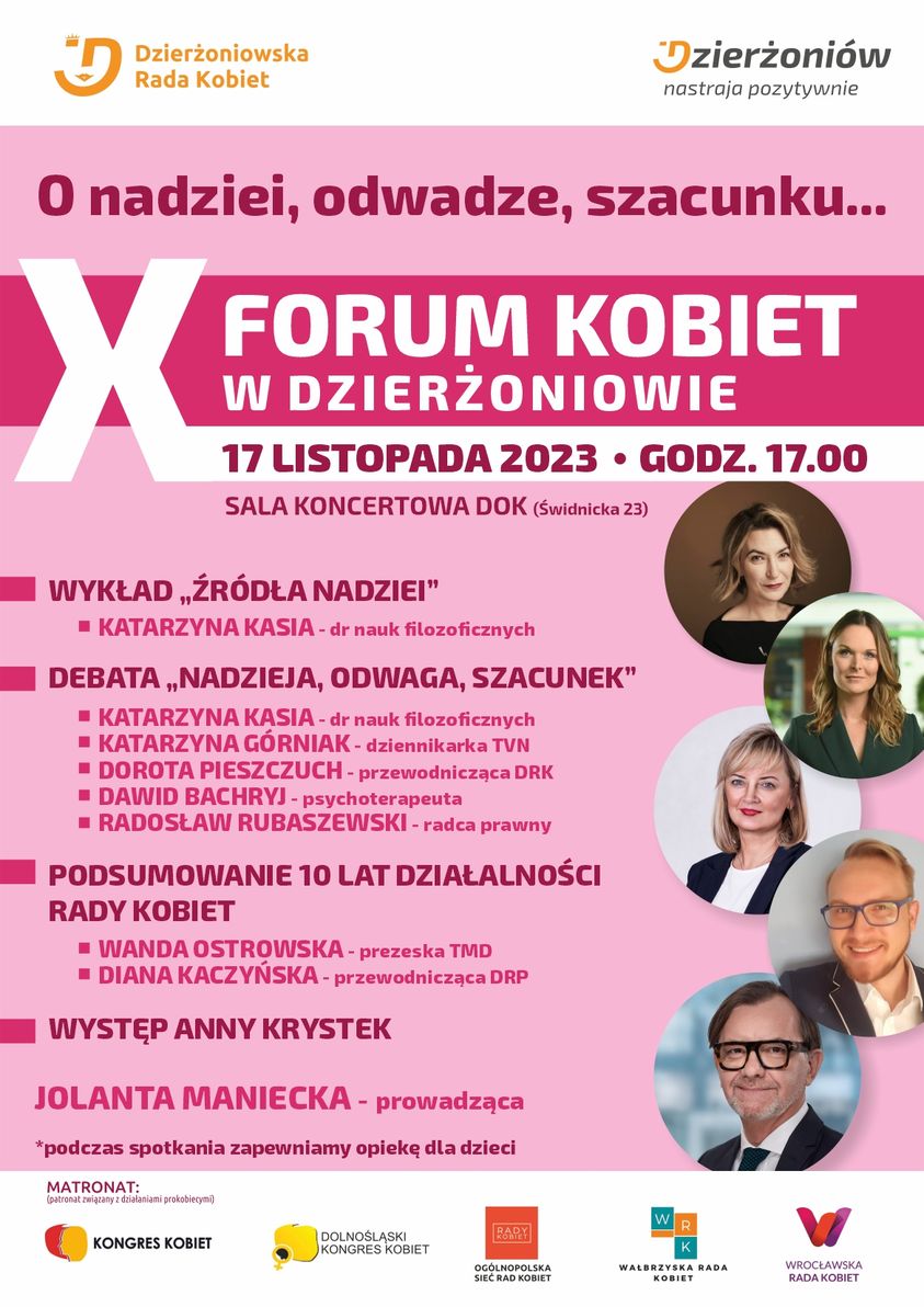 Plakat z informacjami podanymi w tekście i czterema zdjęciami portretowymi 