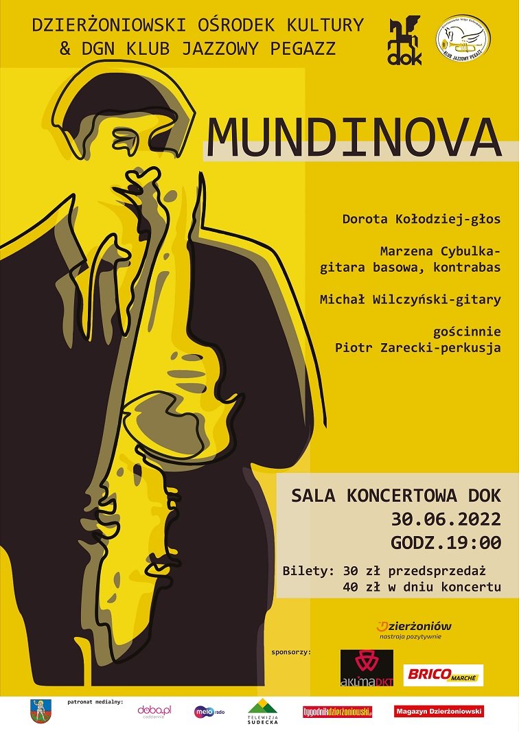Plakat z informacjami zawartymi w tekście i rysunek saksofonisty