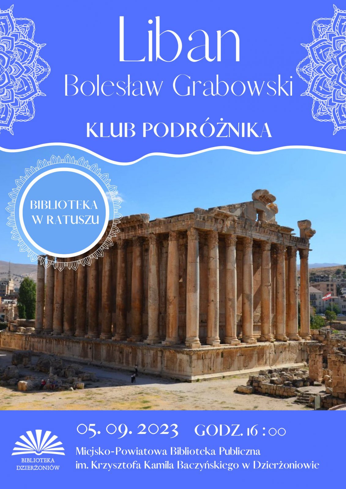 Plakat ze zdjęciem starożytnej budowli i informacje podane w tekście
