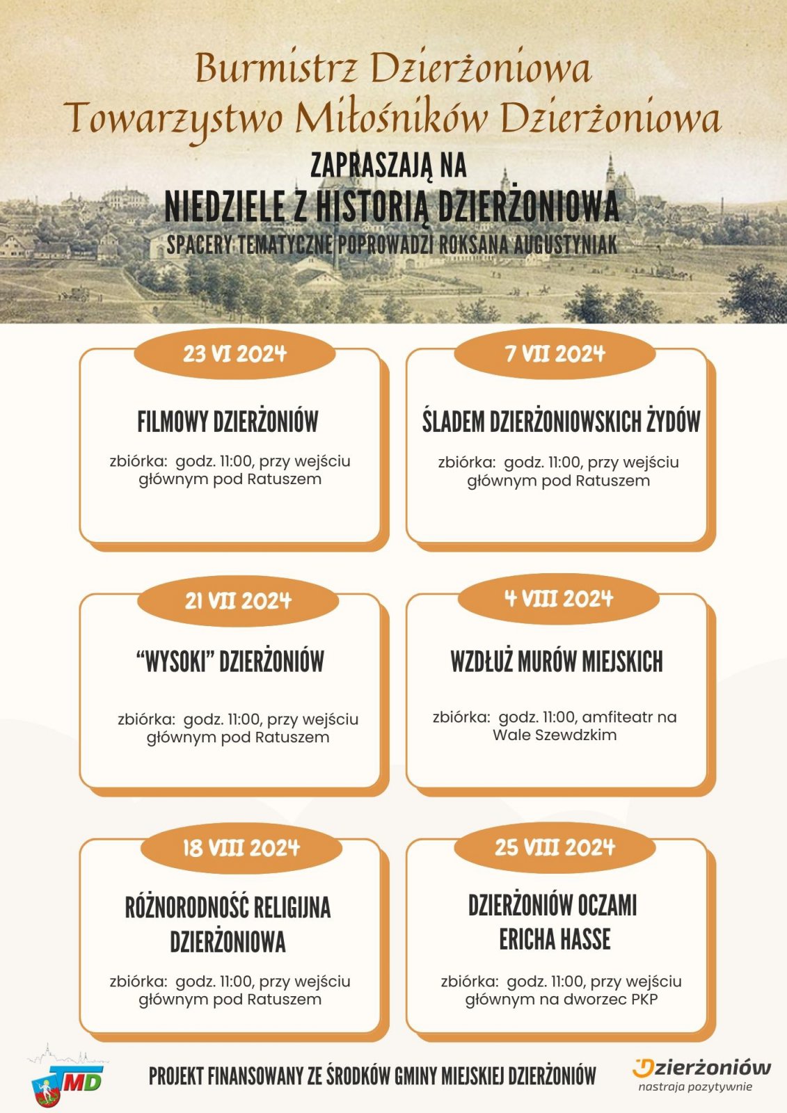 Plakat z informacjami podanymi w teksćie i starą panoramą Dzierżoniowa