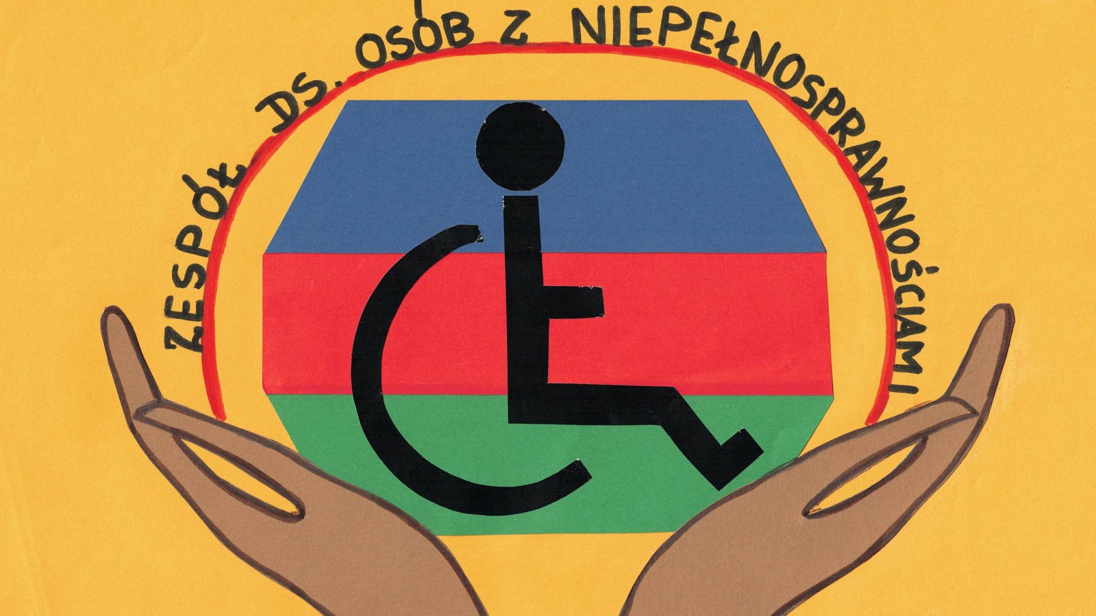 Dłonie uniesione do góry, logo osoby siedzącej na wózku na tle flagi Dzierżoniowa
