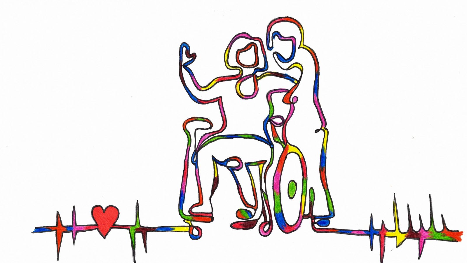 Kolorowy obrys pokazujący osobe na wózku i osobę stojącą obok
