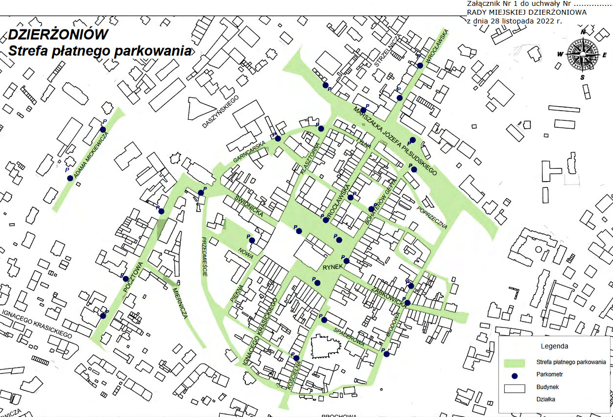Mapa graficzna centrum miasta, na zielono zaznaczono drogi z płatnym parkowaniem