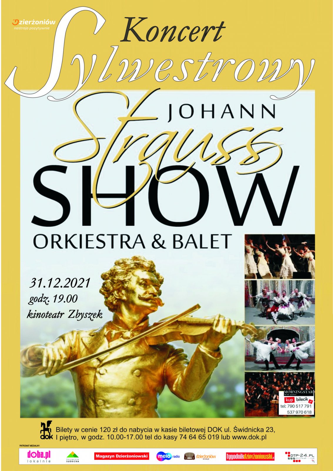 Plakat z informacją o miejscu i czasie koncertu oraz zdjęcire orkiestry