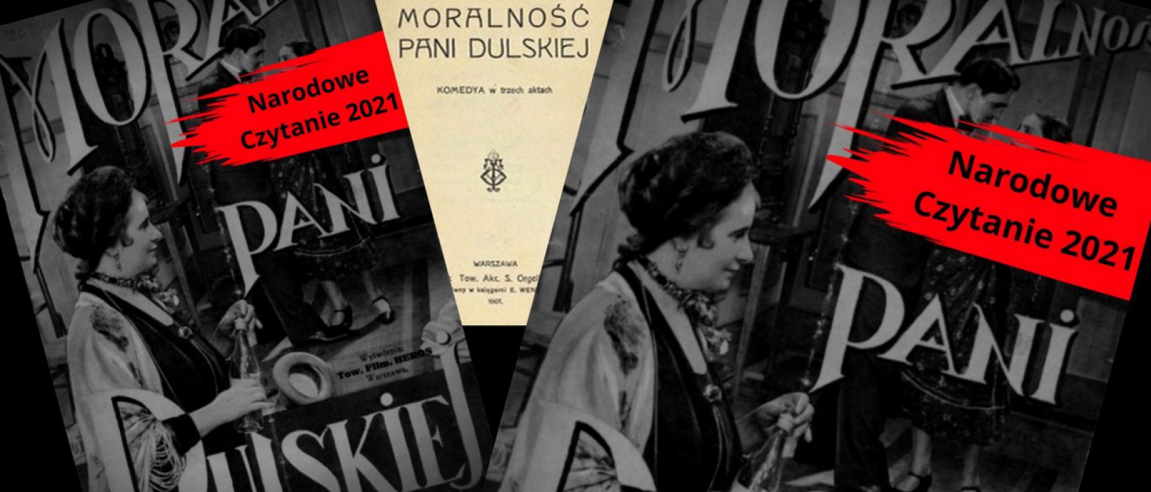 Zdjęciwe dwóch okładek ksiązki "Moralność Pani Dulskiej" i napis "Narodowe Czytanie"