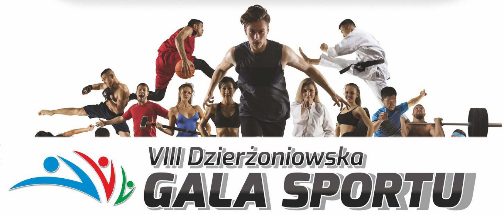 Napis Gala Spotru na białym tle i zdjęcia sportowców z roznych dyscyplin