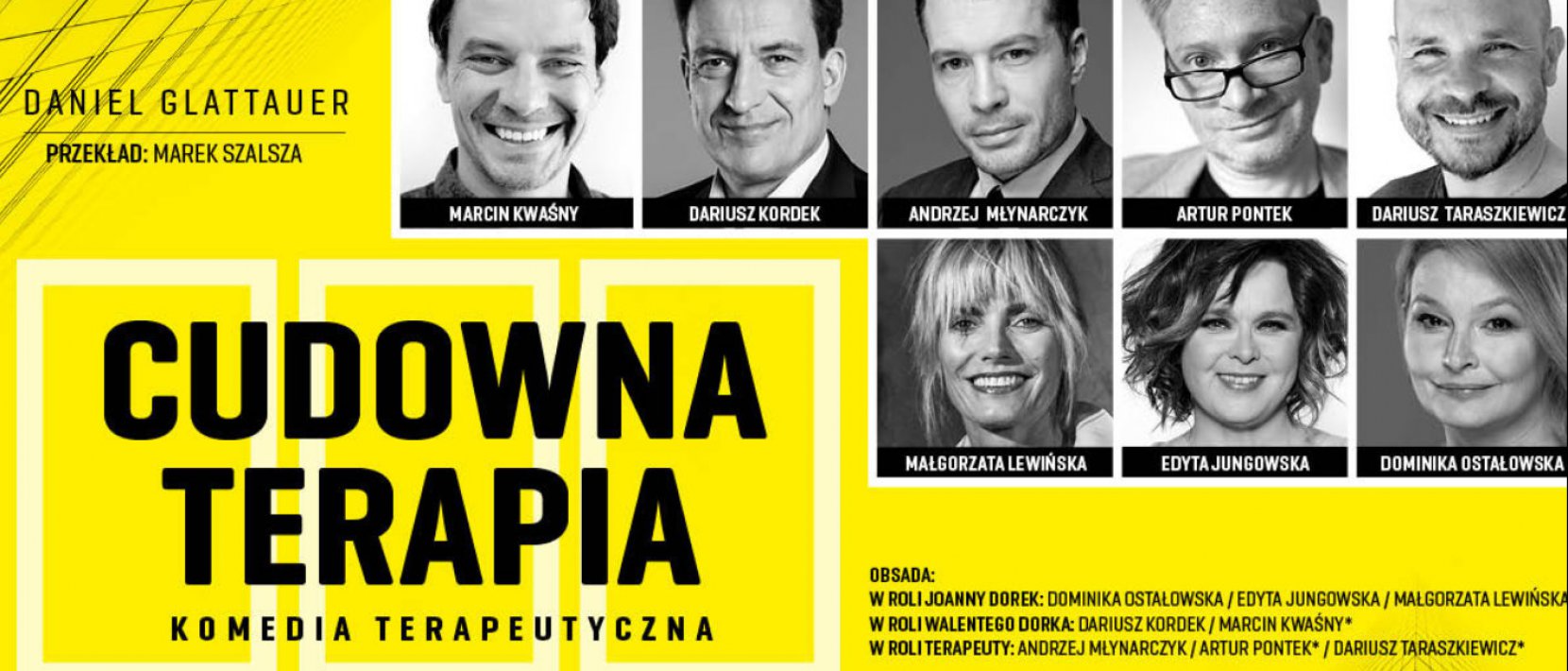 Twarze aktorów i aktorek i napis na żółtym tle Cudowna Terapia
