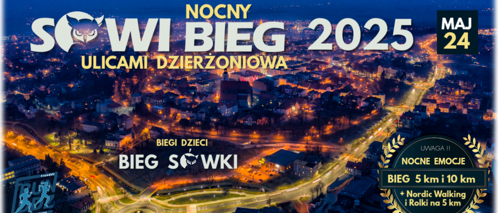 Dzierżoniów nocą z lotu ptaka i napis Sowi Bieg 2025