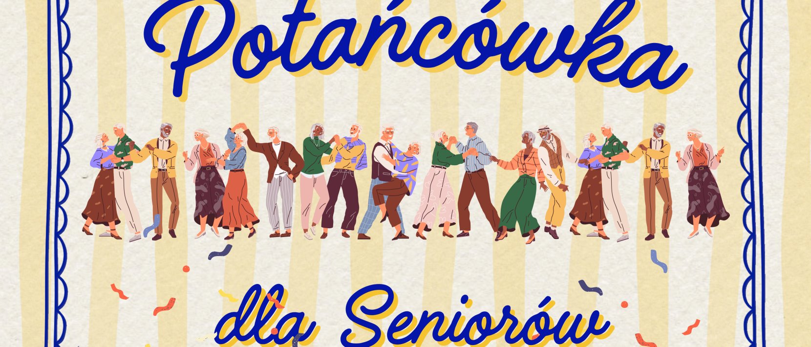 Grafika z tańczącymi seniorami i napisem "Potańcówka dla seniorów"