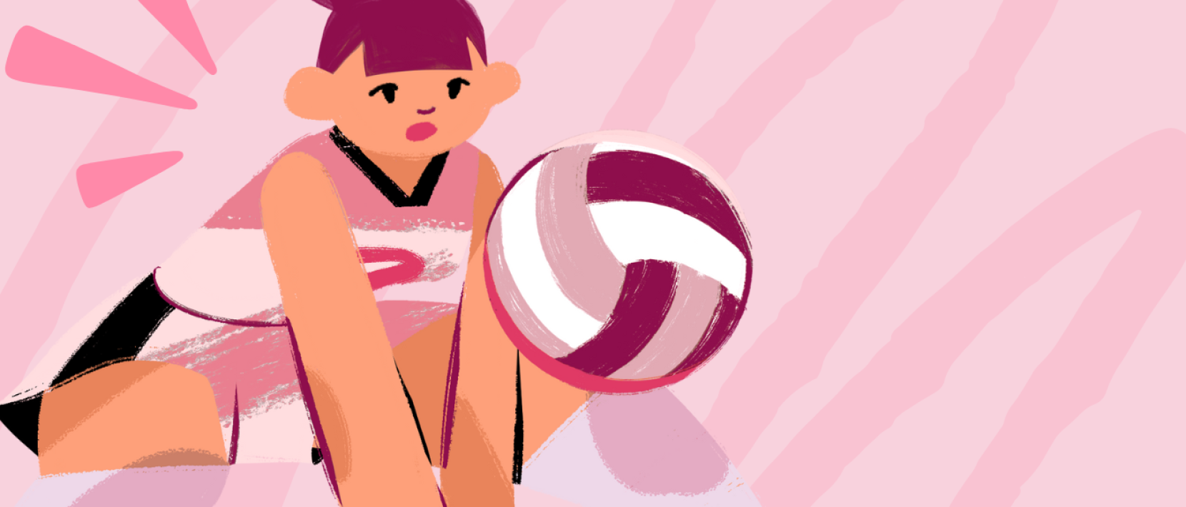 Plakat wydarzenia. Różowy plakat z rysunkową wersją siatkarki