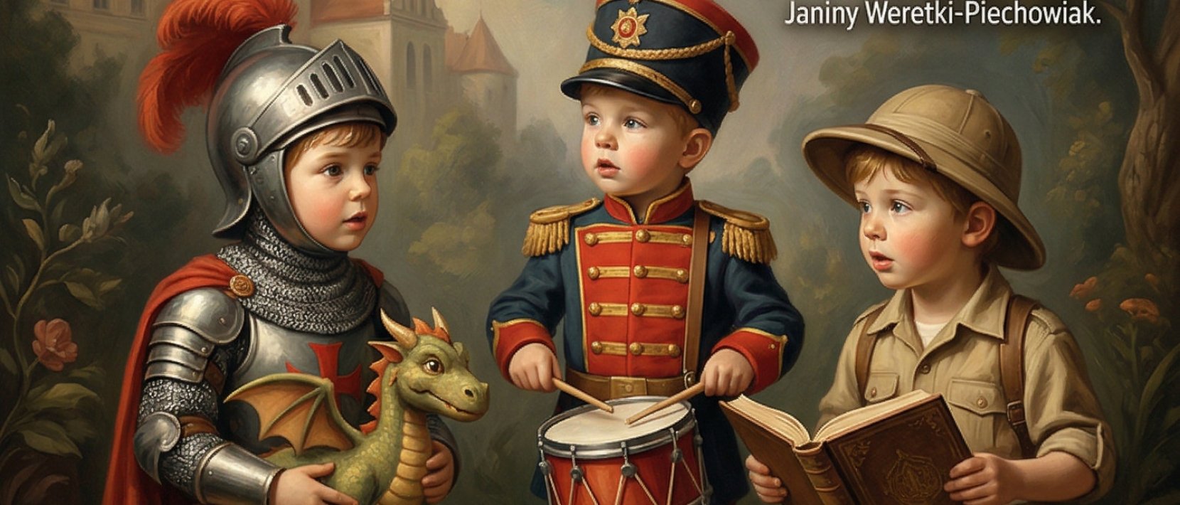 Trzech chłopców w strojach z różnych epok trzymających na kolanach książkę, bębenek i smoka