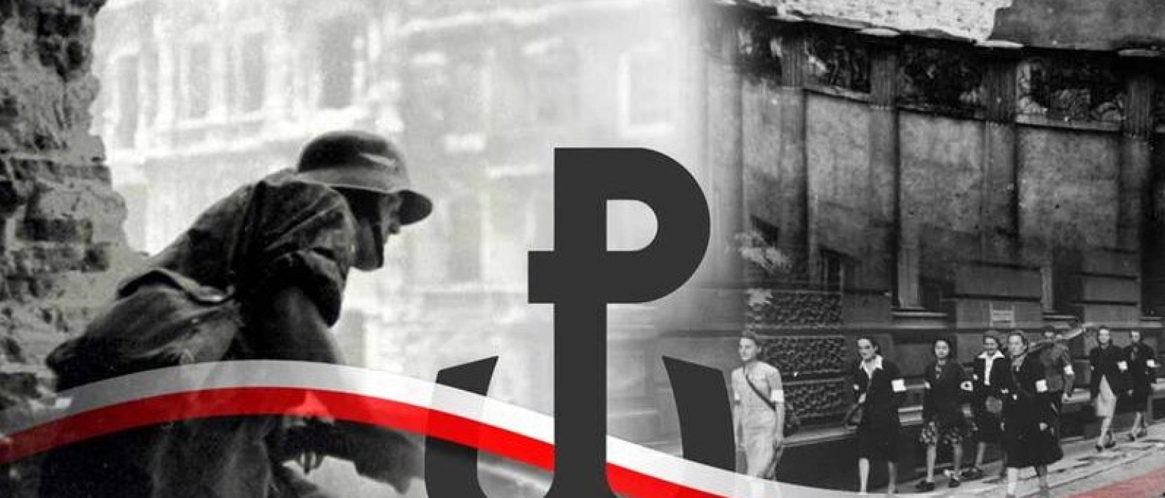 Zdjęcie archiwalne żołnierza w trakcie walki i symbol Polski Walczącej
