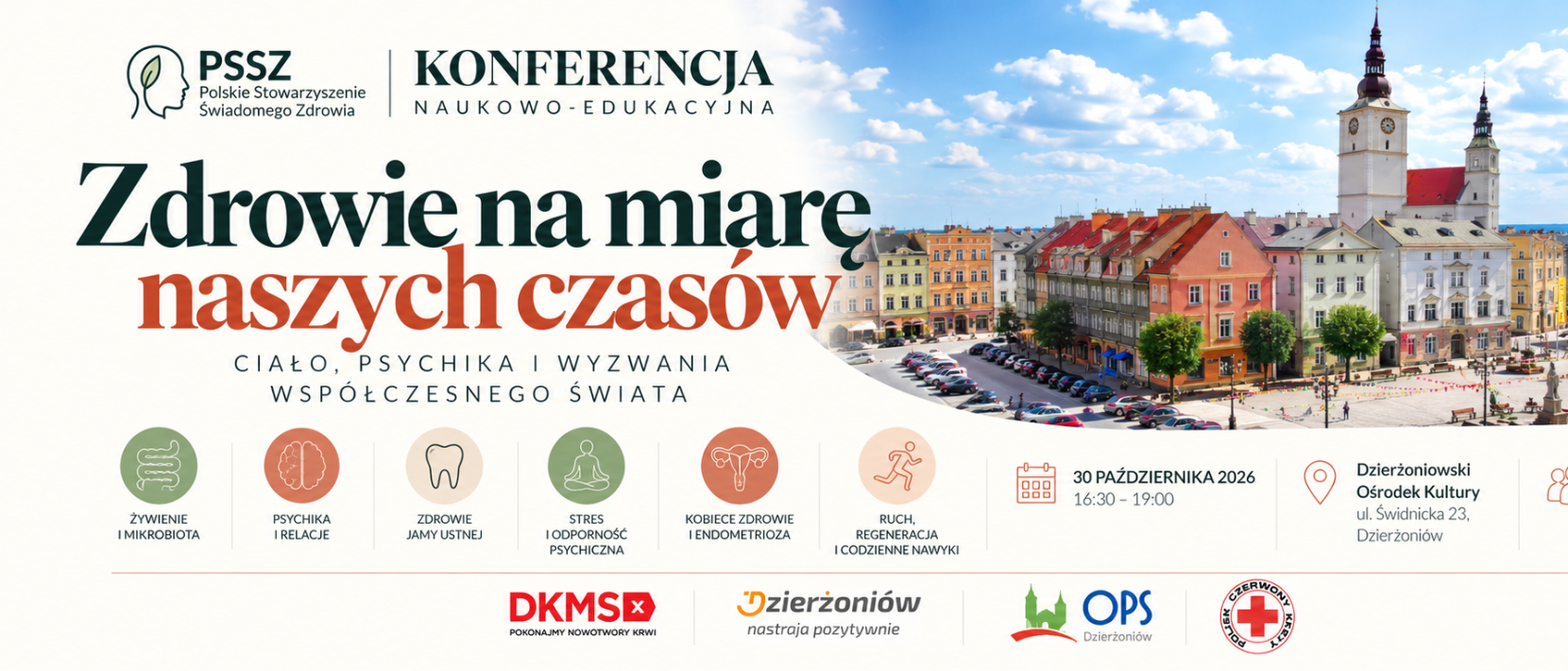 Grafika z napisem "Zdrowie na miarę naszych czasów i zdjęcie dzierżoniowskiego rynku"