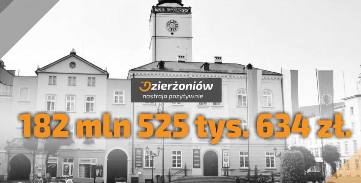 Liczba 182 mln 525 tys. 634 zł na tle dzierżoniowskiego ratusza