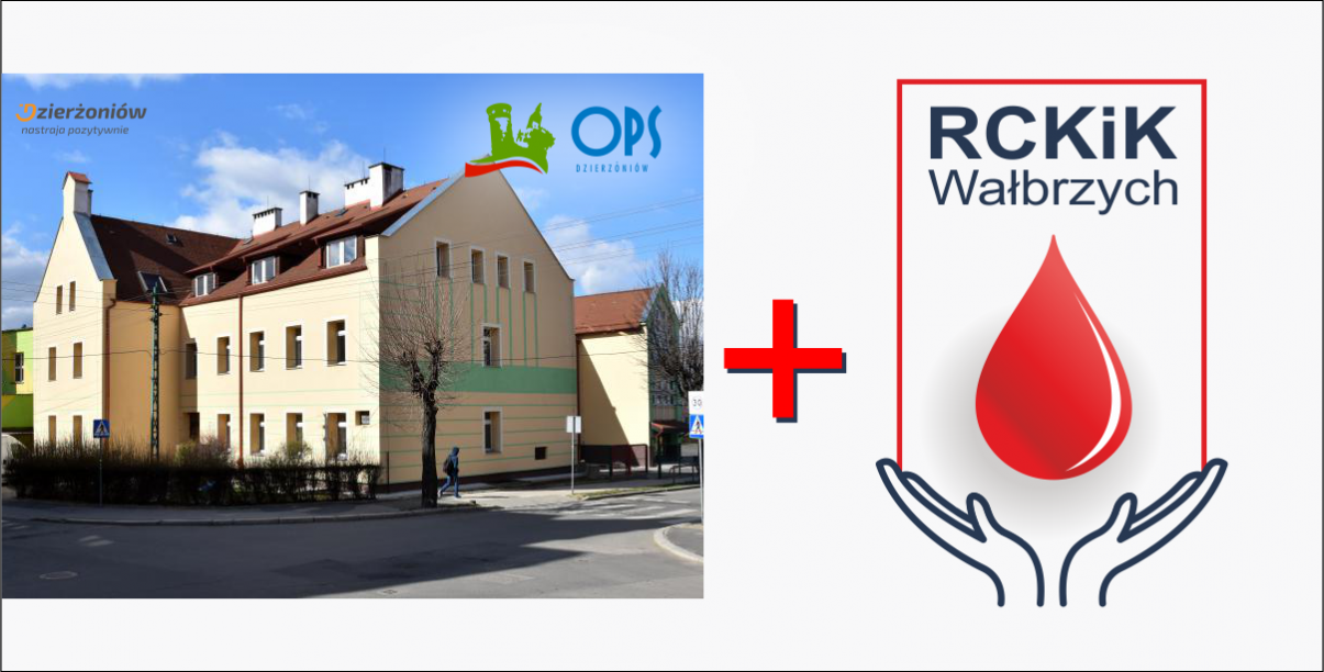 Budynek OPS-u w Dzierżoniowie i logo krwiodastwa