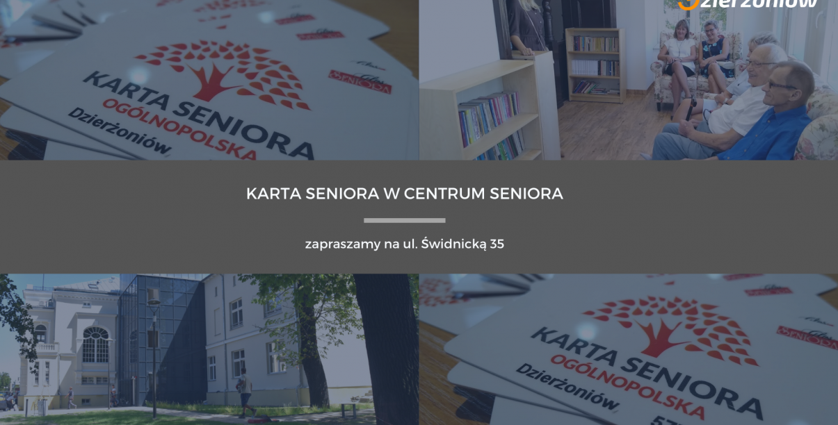 Grafika ze zdjęciami senirów, centrum seniora i kartą seniora