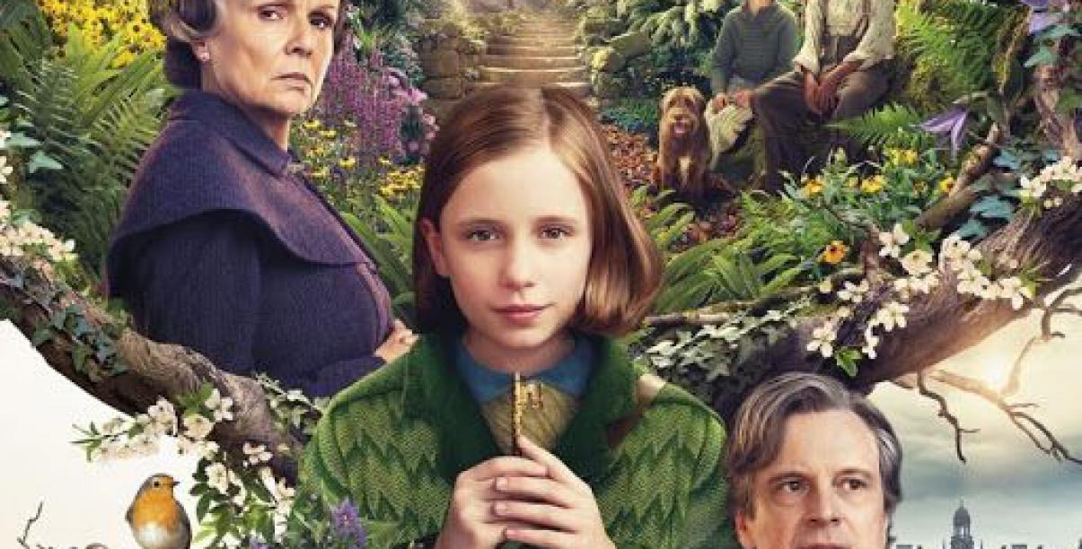 Fragment plakatu z filmu, na zdjęciu trzy osoby i zieleń