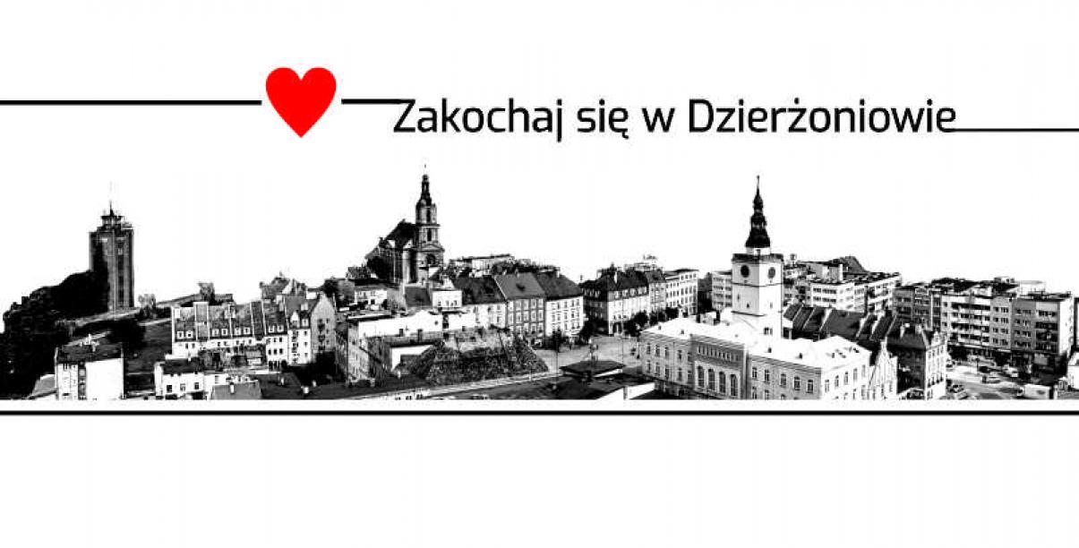 Carno-biała grafika przedstawiająca rysunek panoramy Dzierżoniowa 