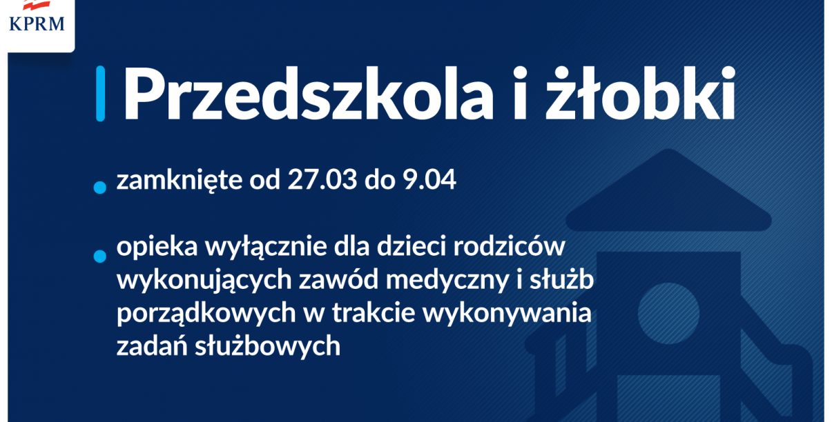 Na granatowym tle informacja o tym, ze od 27 marca przedszkola i żłobki bedą nieczynne