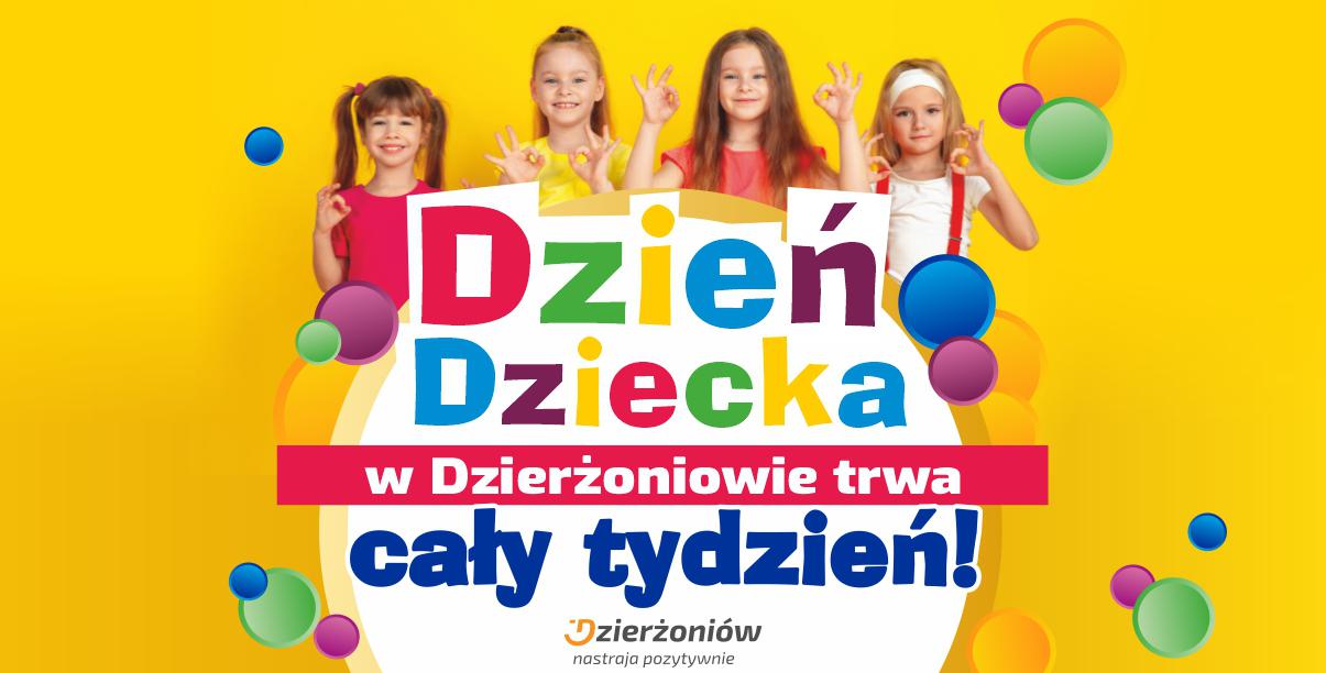 Czworo dzieci ubranych kolorowo na żółtym tle i napis Dzień Dziecka