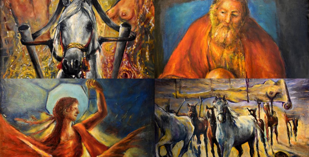 Kolaż czterech obrazów przedstawiających konie, starca i kobietę 
