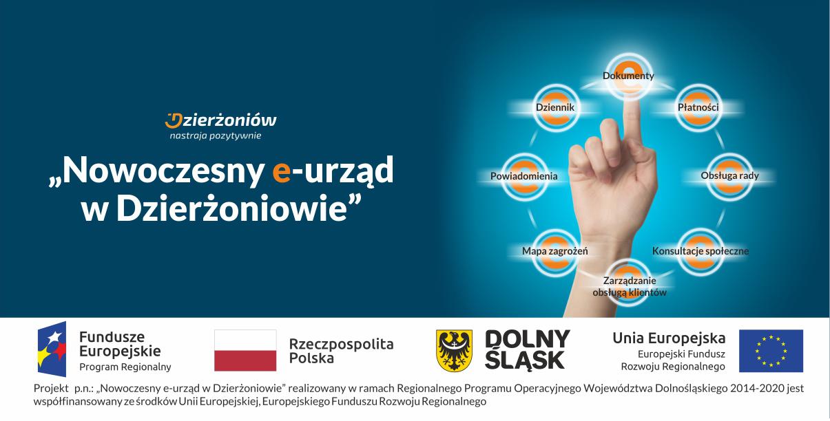 Grafika na niebieskim tle z napisem Nowoczesny e-urząd w Dzierżoniowie 