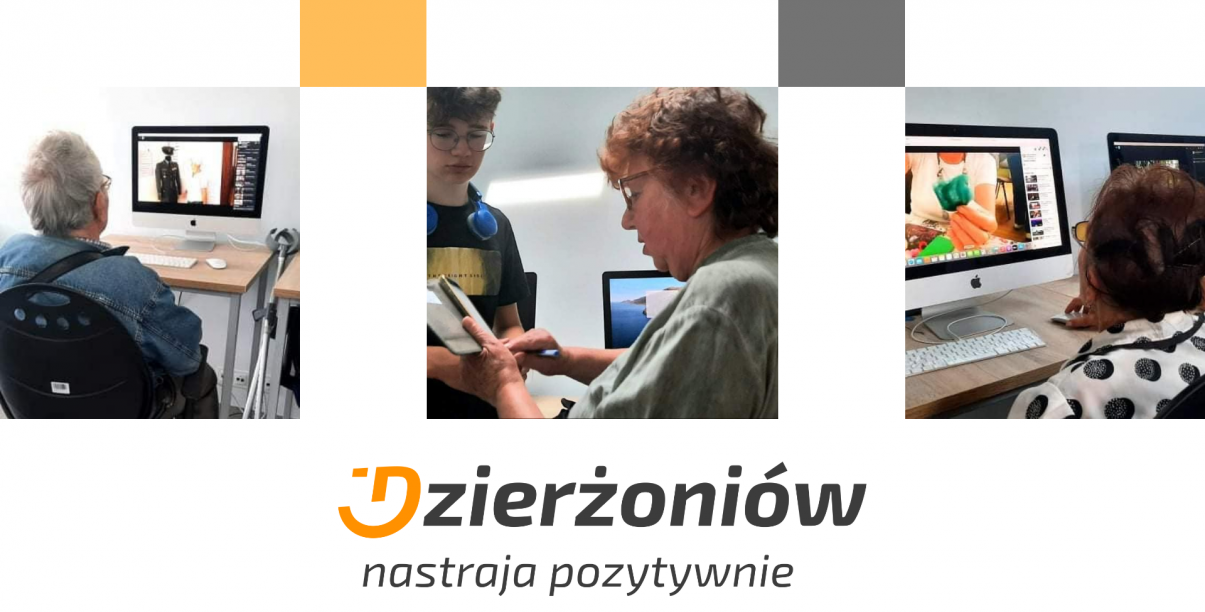 Kolaż zdjęć na których seniorzy uczą się obsługi komputera, logo Dzierżoniowa z hasłem Dzierżoniów nastraja pozytywnie 