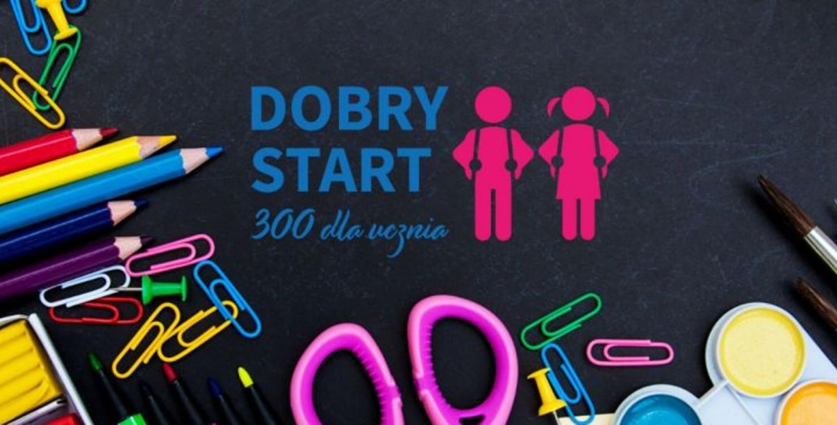 Grafika z napisem Dobry start i przyborami szkolnymi