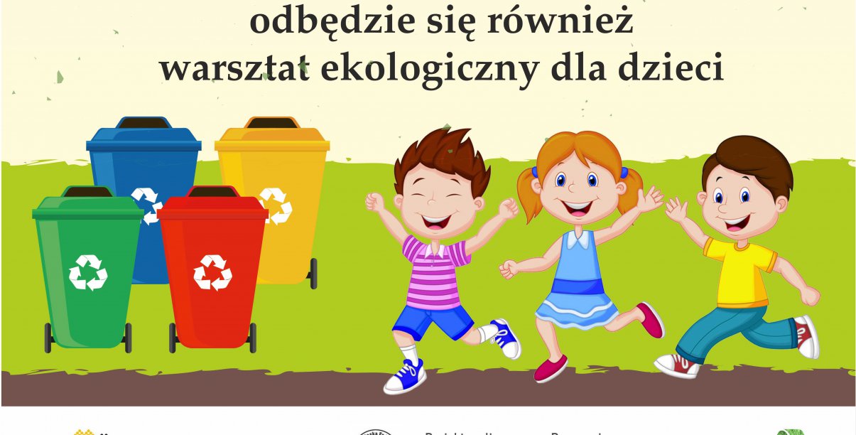 Grafika przedstawiająca rysunek dzieci i kolorowe kosze do segregowania odpadów