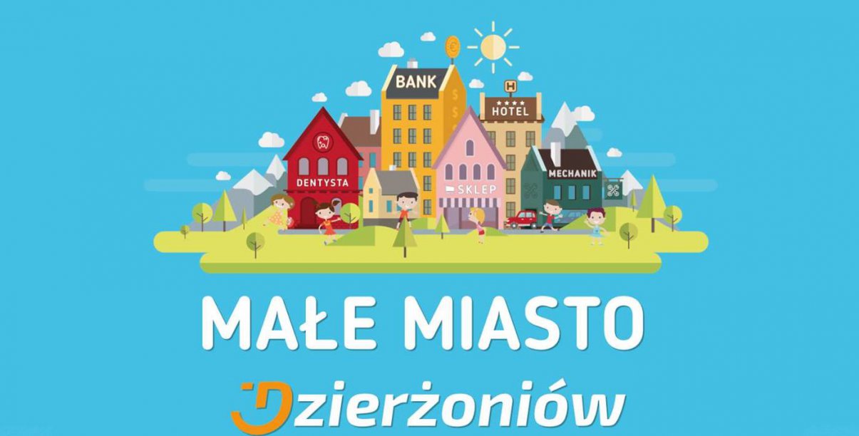 Grafika na niebieskim tle z napisem Małe miasto Dzierżoniów