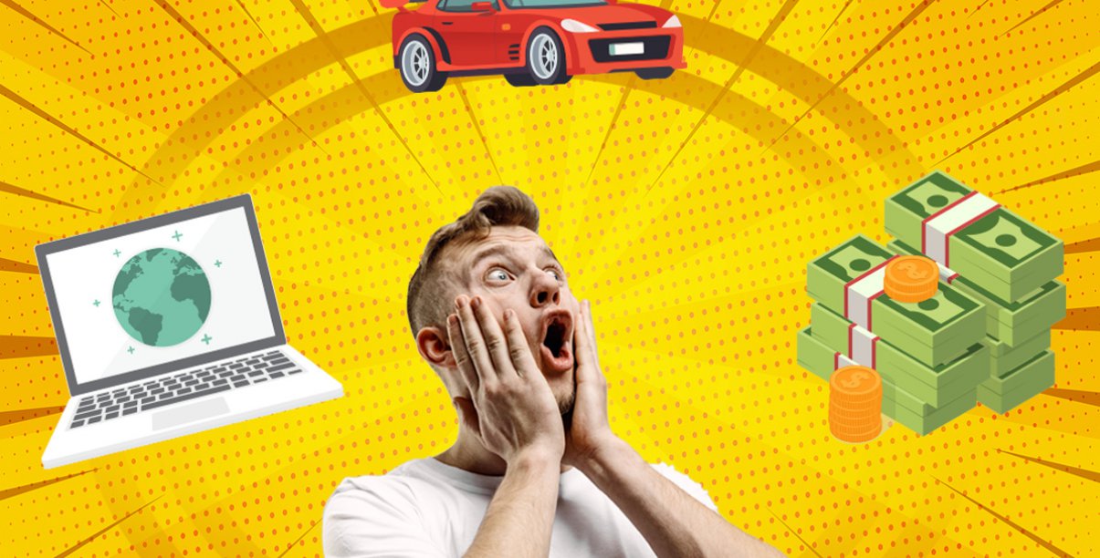 Grafika, żółte tło, rysunek laptopa, samochodu i komputera i zdjęcie mężczyzny łapiące się za głowę