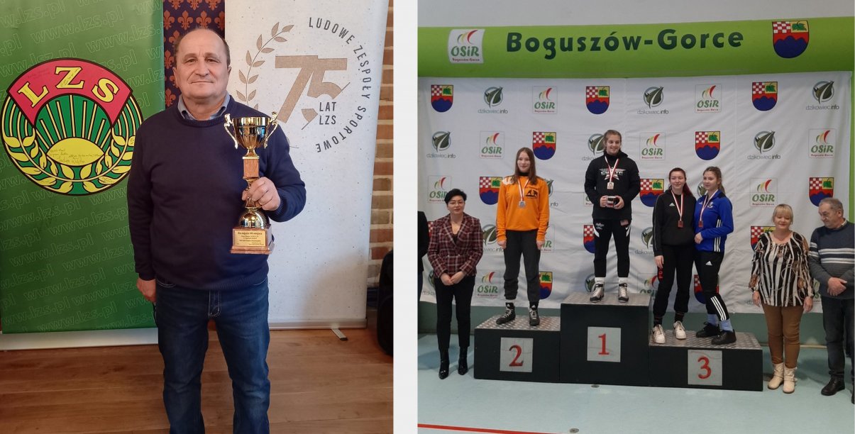 kolaż zdjęć: trener Stanisław Warchoł z pucharem/zawodnicy na podium