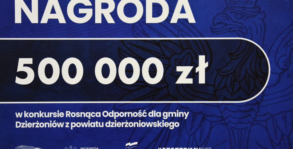 Napis na niebieskim tle "Nagroda 500 tys. zł"