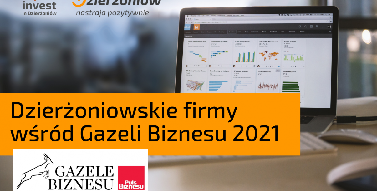 Biuro z włączonym laptopem, logotypy miasta i gazety Puls Biznesu