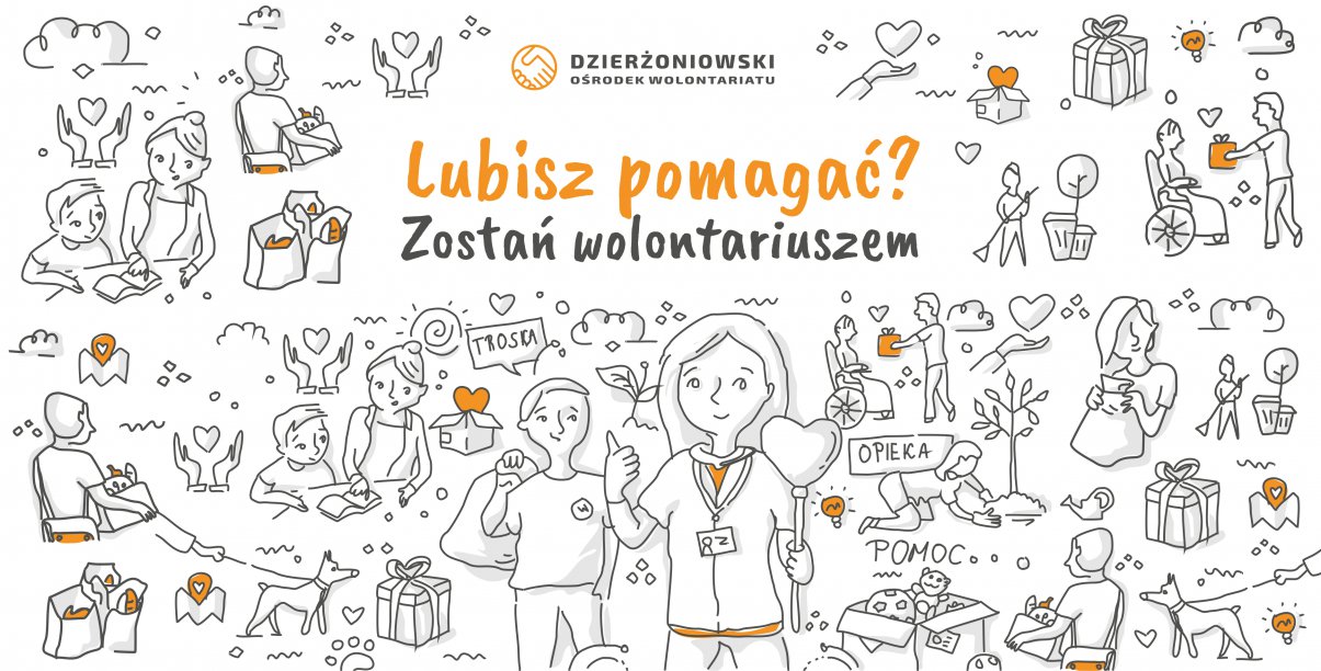 Grafika z rysunkami ludzi i zwierząt i napis "Zostań wolontariuszem"