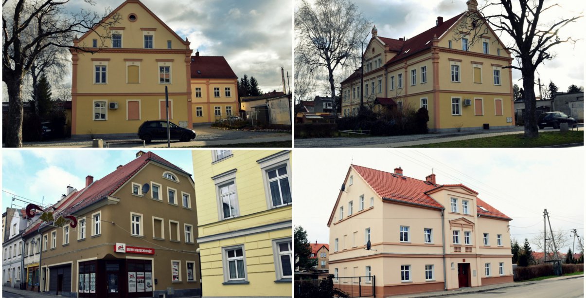 Kolaż czterech zdjęć odnowionych kamienic