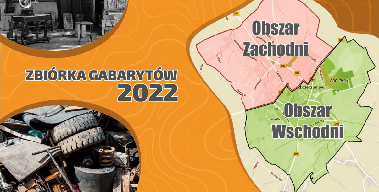 Plakat, żółte tło i napis Zbiórka odpadów wielkogabarytowych, po prawej plan miasta